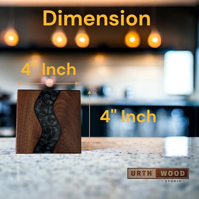 Generic Wood Coaster Set for Drinks | Handmade with Dark Walnut & Natural Wood Sealant Finish for Water Resistance,Easy Cleaning & No Stains | Epoxy Resin River (4 Pieces) (Black)