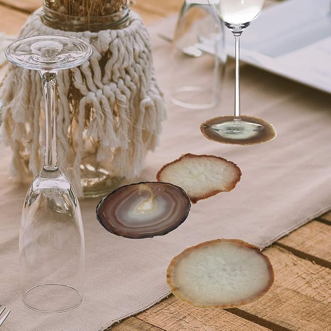Agate Coasters Geode Agate Sliced Cup Mat 3-4'' 4Pcs Natural Color Polished Coasters with Rubber Bumper for Drinks Coffee Wine Home Decoration Gift Card