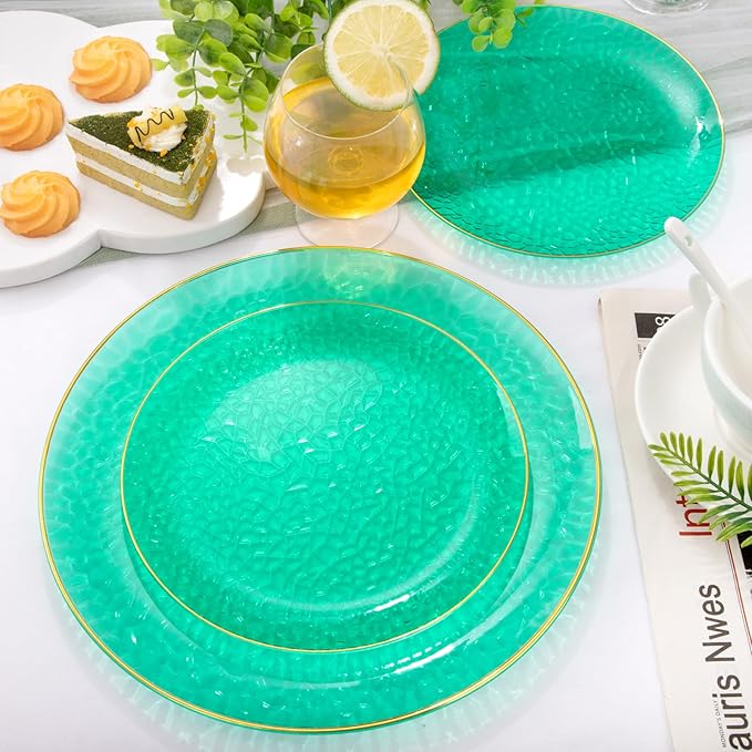 Hioasis 60pcs Green Plastic Plates - Gold Rimmed Disposable, Hammered, Heavy-duty Dinnerware Set Suitable for 30 Guests, 10.25" Dinner & 7.5" Dessert Plates for Party & St. Patrick's Day