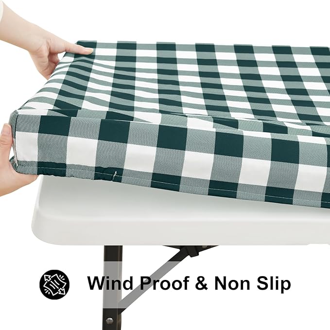 Smiry Rectangle Picnic Table Cloth, Elastic Waterproof Fitted Vinyl Tablecloths, Flannel Backed Buffalo Plaid Table Covers for Dining, Camping, Outdoor (Hunter Green and White, 30" x 72")