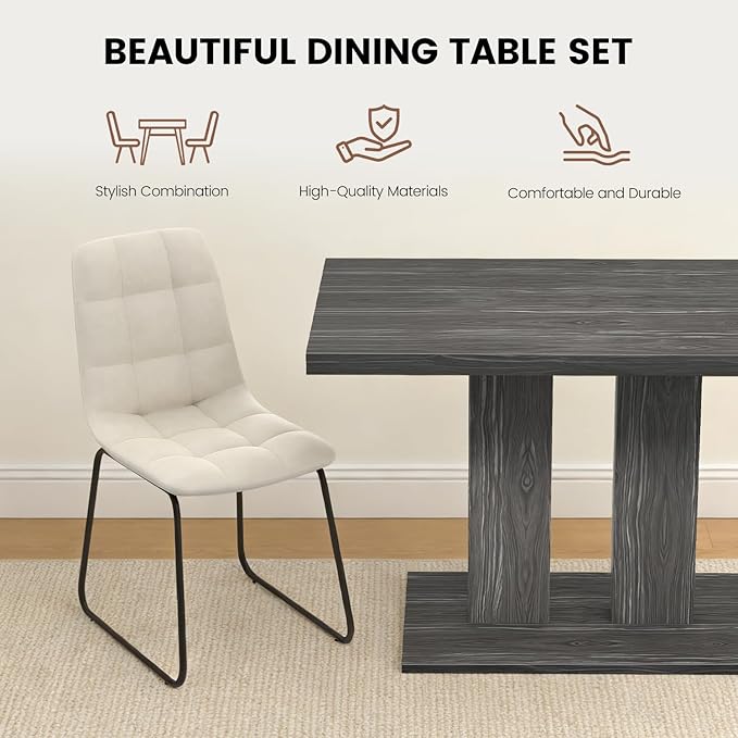 Modern 5-Piece Dining Table Set for 4, 46" Pedestal Dining Table with 4 Leather Chairs, Small Space Saving Kitchen Table Set, Grey Wood Finish Rectangular Table for Dining Room & Apartment