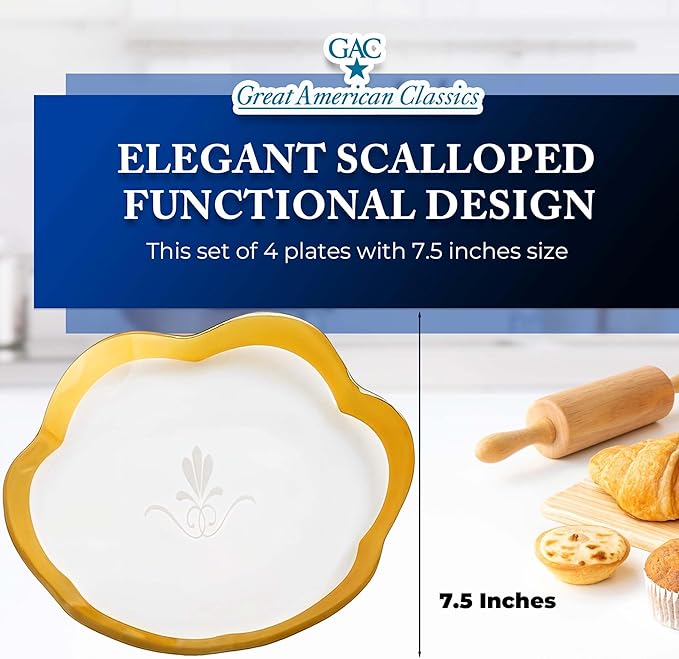 GAC Scalloped Tempered Glass Dessert Plates and Platters - Elegant Dinnerware & Decorative Plates with Gold Trim, Ideal for Serving Food, Special Occasions, and Presents - Set of 4, 7.5 Inch