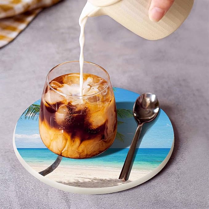 Beautiful Beach Table Coasters for Drinks Palm Tree Summer Paradise Tropical Island Scenery 100% Diatomite Home and Dining Room Bar Decor 4 X 4 X 0.35 Inch for Men Women