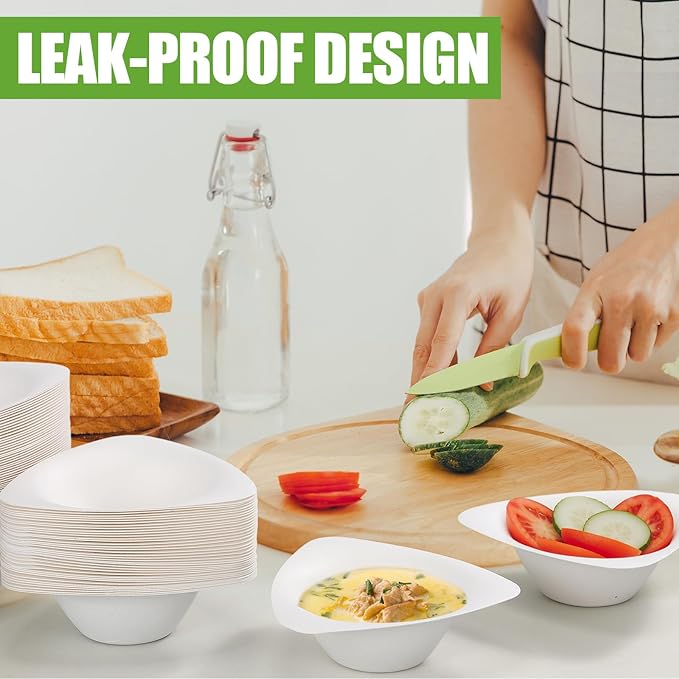 100 Pack Triangle Paper Bowls with Spoon 14oz Disposable Paper Soup Bowls Dessert Fancy Ice Cream Cups for Hot Food, Soup, Salad, Meals