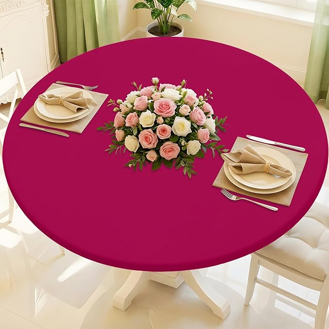 Round Spandex Tablecloth, Elastic Fitted Waterproof Tablecloths for 42"-50" Tables, Stretch Washable Picnic Table Cover for Camping, Dining, Indoor and Outdoor, Fuchsia
