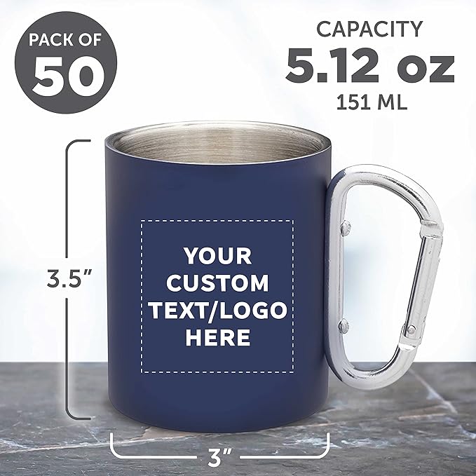 Custom Stainless Steel Mugs with Carabiner Handle 10 oz. Set of 50, Personalized Bulk Pack - Perfect for Coffee, Soda, Other Hot & Cold Beverages - Navy Blue