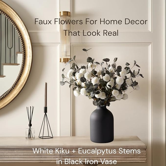 RyddeligHome White Faux Kiku Flowers for Vase - 10 Long Stem Artificial Flowers with Eucalyptus, Realistic Winter Floral Stems for Tall Vases, Farmhouse Home Decor (Premium Quality)