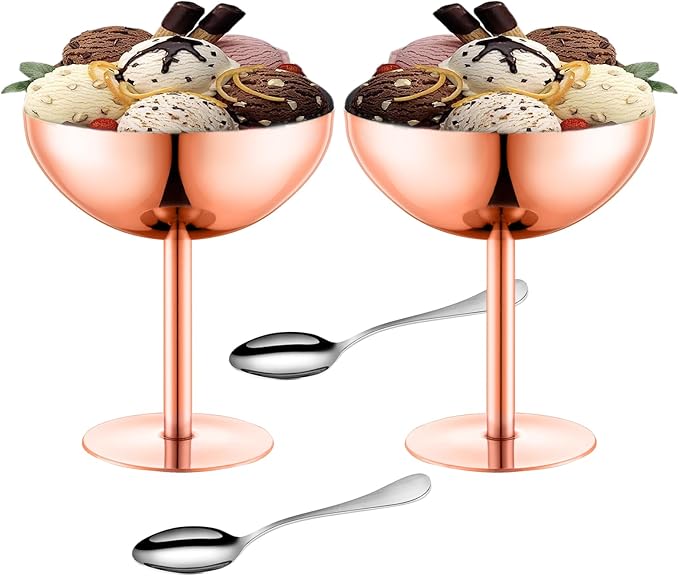 Ice Cream Bowls Stainless Steel Dessert Cups with Spoons Reusable Footed Sundae Cups Ice Cream Cups for Dessert, Frozen Yogurt, Gelato, Birthday Party Decorations (2, Rose glod)