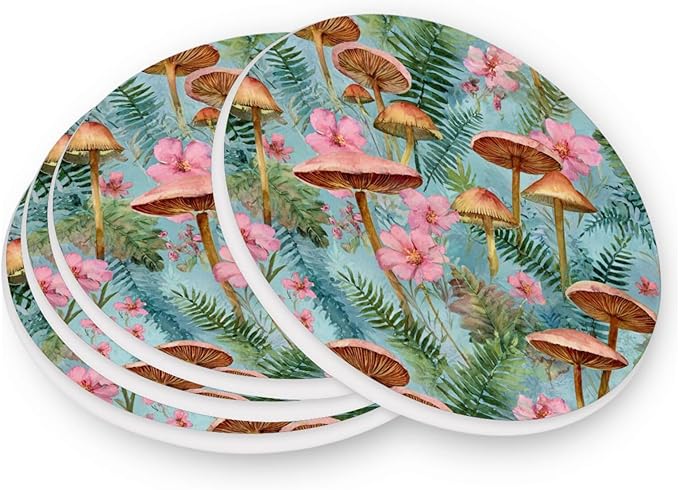 Coasters for Drinks Coaster Drink Set Decorative Coffee Table Desk Cup Mat Spring Cute Cork Bar Backing Round Home Decor Mushroom Leaves Pink Green31