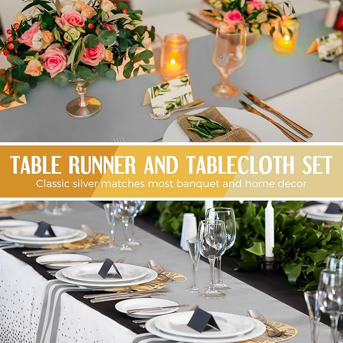 Breling 8 Pack White and Silver Disposable Plastic Tablecloths and Satin Table Runner Set, 54 x 108 Inch Tablecloth, 12 x 108 Inch Table Runners for Wedding Graduation Birthday Baby Shower New Year