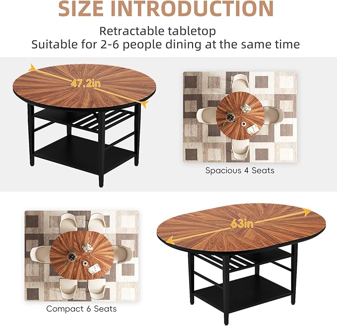 VFK 47.2"-63" Extendable Round Dining Table Set for 4–6, Solid Wood & Metal Table with Wine Rack Storage Shelf, Walnut Kitchen & Dining Room Furniture (1 Storage Table)