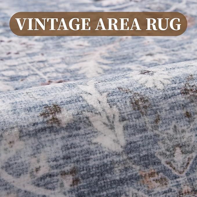 MontVoo-Vintage Area Rug 9X12 Blue Rugs for Living Room-Soft Distressed Printed Rugs for Bedroom-Non Slip Carpet-Machine Washable Rug for Dining Room Living Room Bedside Office