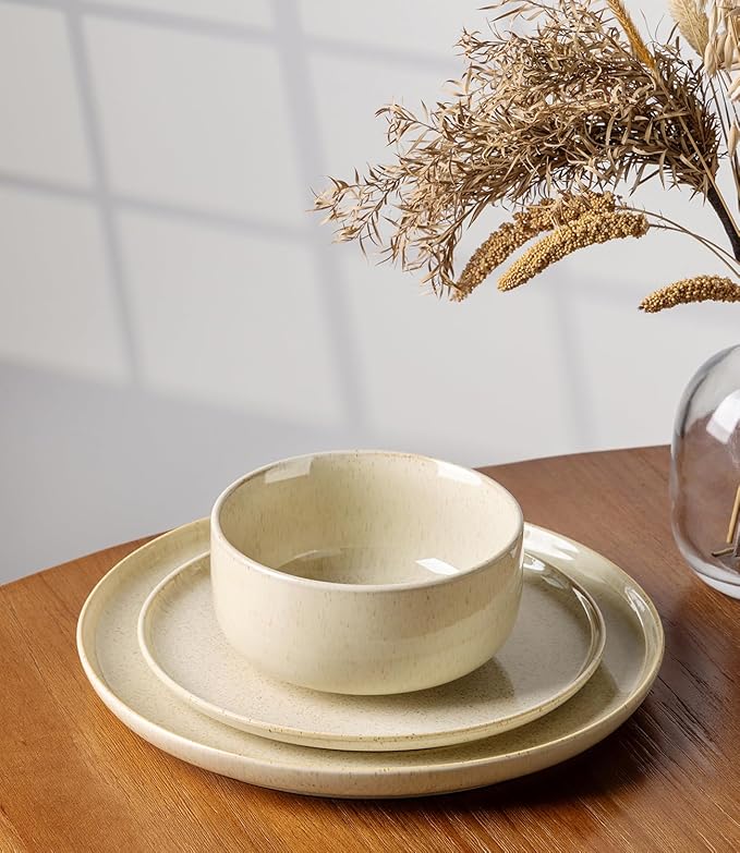 TheTerra Ceramic Dinnerware Sets for 4, 12 Pieces Handmade Reactive Glaze Plates and Bowls Set, Scratch Resistant Dish Set, Oven & Microwave & Dishwasher Safe, Cappuccino
