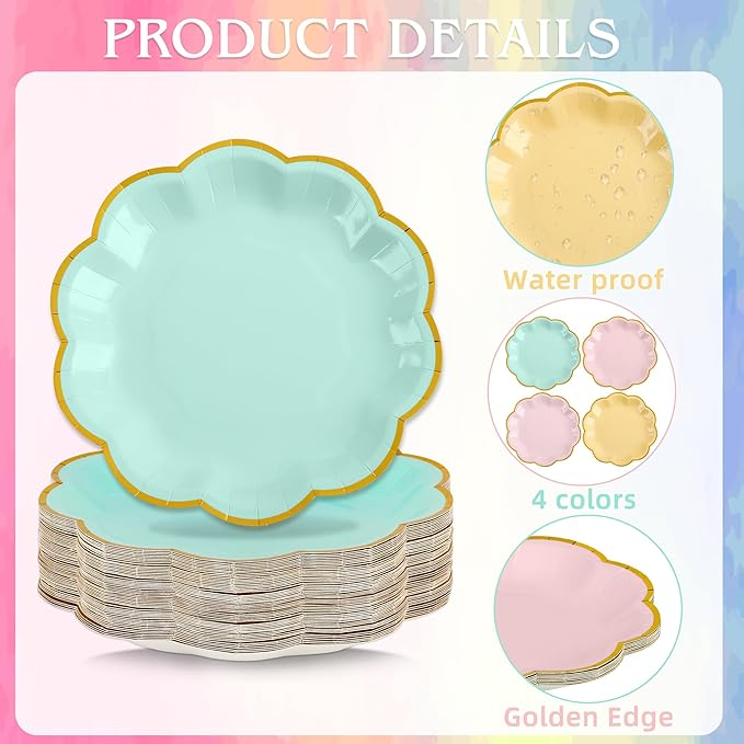 48 Pcs Pastel Scalloped Paper Plates 7 Inch Disposable Macaron Colorful Dessert Plates with Gold Edge Gradient Rainbow Party Supplies for Wedding Birthday Baby Shower Bridal Summer Decorations
