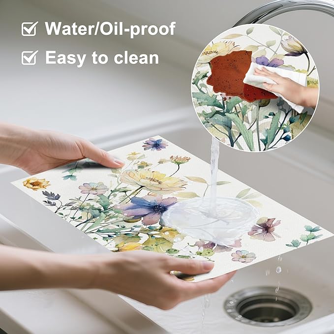 AOFOTO Floral Placemats Set of 4 Watercolor Blue Yellow Flower Green Leaves Printed Place Mats Rectangular Artistic Table Mats for Party Home Kitchen Restaurant Dining Table Decor 12x18 Inch