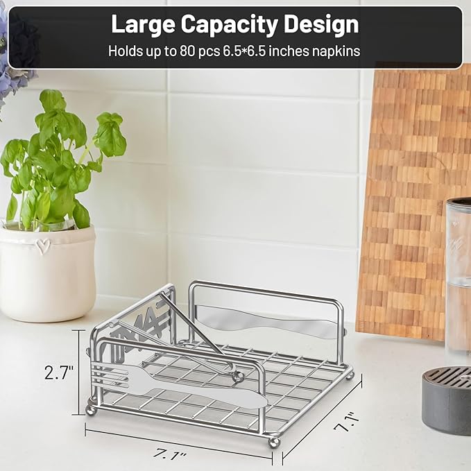 Napkin Holder for Table, Flat Napkin Dispenser with Weighted Arm, Square Cocktail Paper Holder of Elegant Rustic Iron for Kitchen Dining Room Decor Restaurant Farmhouse Hotel Party, Silver