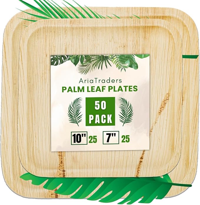 Palm Leaf Plates 10 Inch & 7 Inch (50-Pack), Square Bamboo Plates Disposable, Eco-Friendly, Biodegradable & Compostable Bamboo Appetizer Plates, Perfect Dinnerware for Desserts, Snacks, & Parties