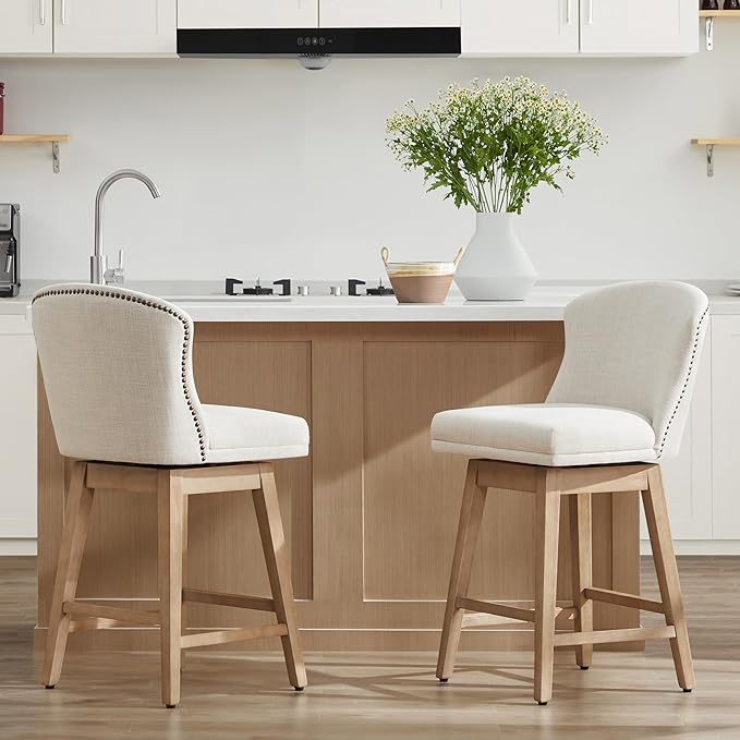 CHITA Counter Height Swivel Barstools, FSC Certified Upholstered Performance Fabric Bar Stools Set of 2, 26" Seat Height, Linen