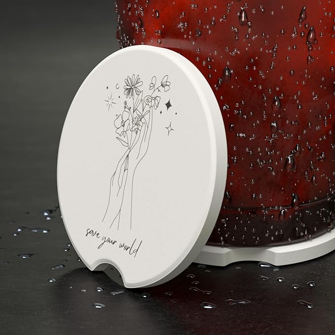 Absorbent Soapstone Car Coaster, Save Your World, Minimalist Black and White Floral Design, Ceramic Coaster