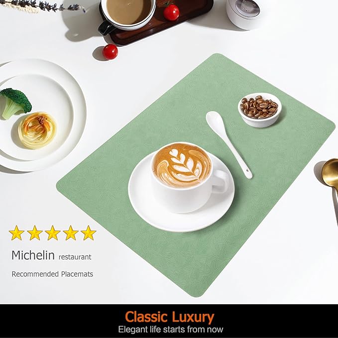 Vinyl Placemats Set of 6 Faux Leather 100% Waterproof Wipeable Washable Place Mats Heat Resistant Easy Clean Non-Slip Table Mats for Indoor Outdoor. (6, Green)