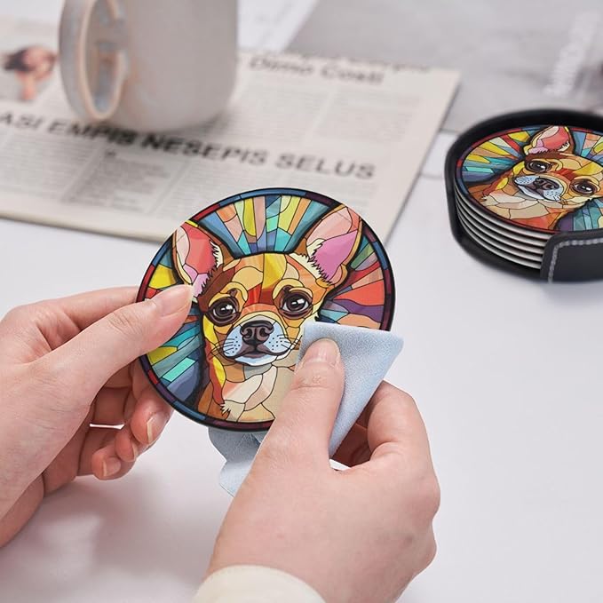 Drink Coaster Set of 6, Chihuahua Dog Mom Lover Gift,Leather Drink Coasters with Holder,6 Pack Cup/Bar/Drink Coasters for Table/Drinks/Coffee Protection Housewarming Gift