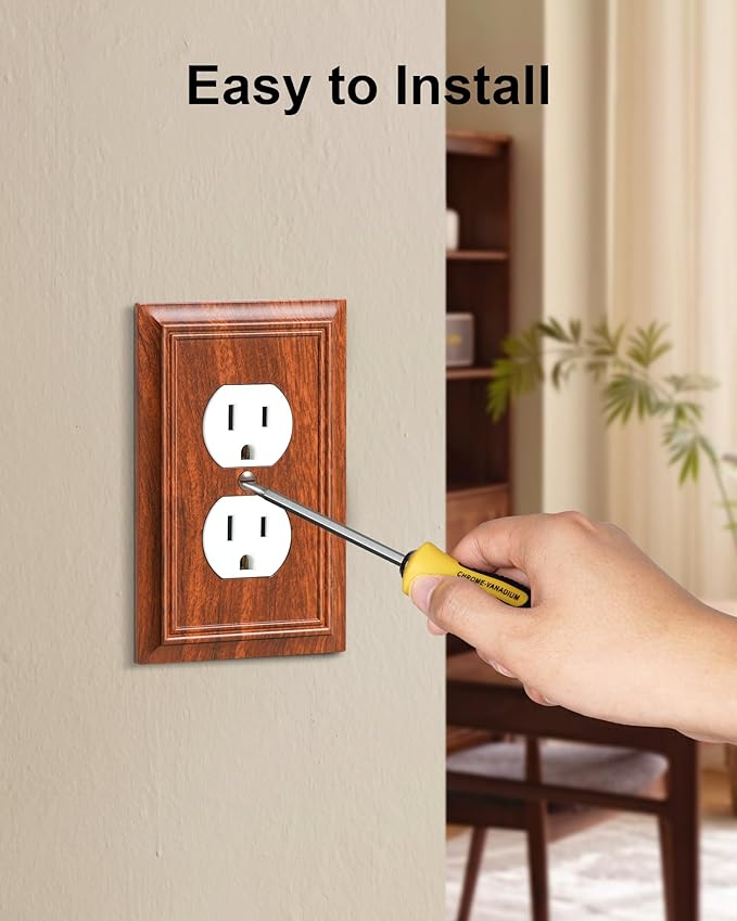 6-Pack Duplex Outlet Cover Plate, Decorative Wood Grain Switch Plates and Outlet Covers, Natural Bamboo Fiber Wall Plates for Electrical Outlets, 1 Gang Receptacle Cover, Corrosion Resistant