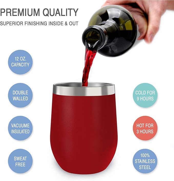 CHILLOUT LIFE 12 oz Stainless Steel Wine Tumbler with Lid - Double Wall Vacuum Insulated Wine Cup Glass Keeping Cold & Hot for Coffee, Champagne, Cocktails, Ice Cream - Powder Coated Red