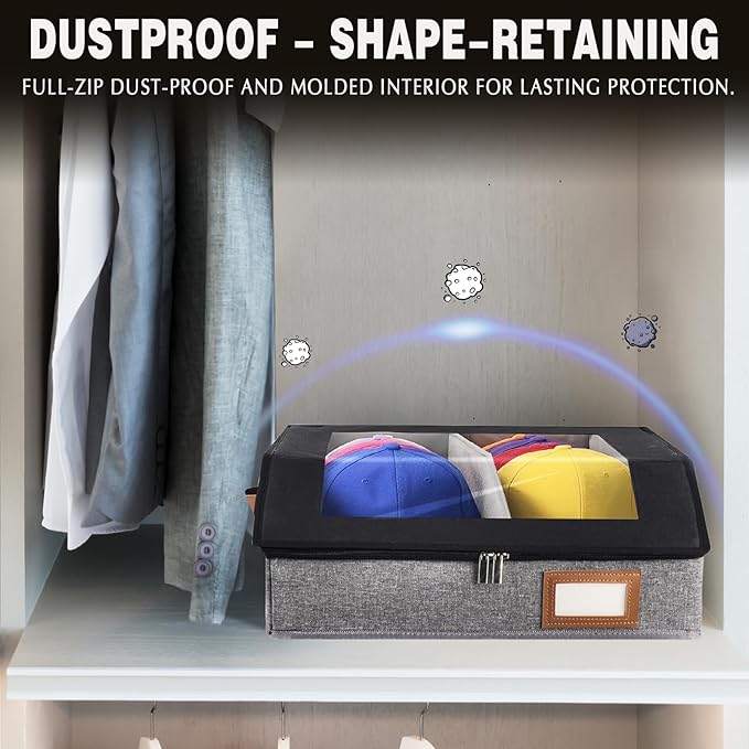2-in-1 Hat Organizer for Baseball Caps Holds 48-60 Caps Hat Storage with Adjustable Divider Stackable Hats Holder for Closet with Clear lid Cowboy Hat Box for Men Women 2 PCS Black and Grey