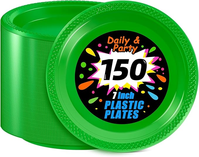 WELLIFE Green Party Plates 7 Inch -150 Count, Plastic Disposable Dessert Plates for New Year Party St. Patrick's Day Easter Cake Appetizers Salad