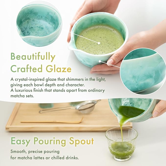 Matcha Set | Japanese Matcha Tea Set with Crystal-Glazed Ceramic Spout Bowl | Bamboo Whisk & Holder, Scoop and Stainless Sifter | 5-Piece Matcha Kit |「Crystal Shell Green」
