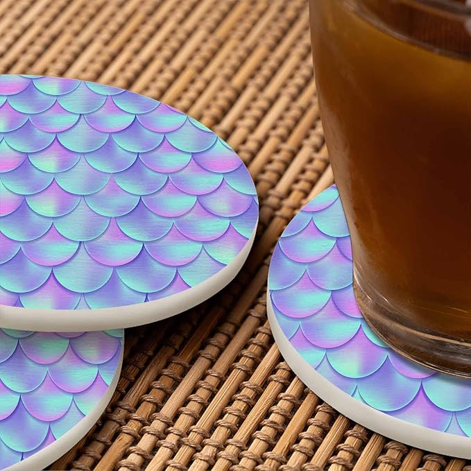 Mermaid Tail Coaster for Drinks Individual Mesh Gradient Mermaid Fish Skin Presents for Housewarming Birthday and Family 100% Diatomite 4''X 4'',2 Pack