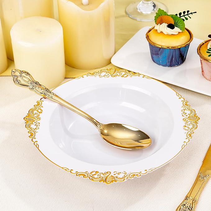 100PCS Gold Plastic Bowls - 12 oz White Disposable Salad Bowls - Heavy Duty Soup Serving Bowl - Fancy Plastic Ice Cream Bowl for Parties, Dinners, Catering, Picnics