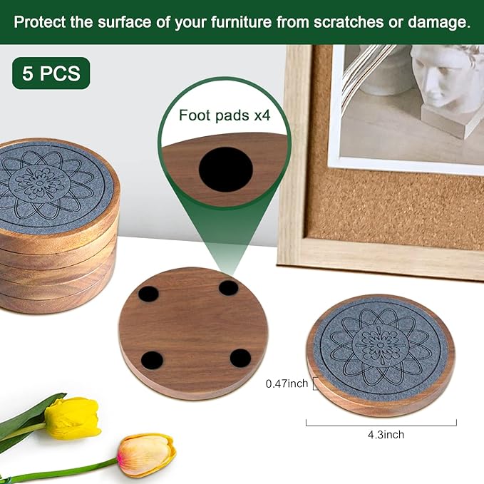 Wood Coasters for Drinks, Absorbent Coaster Sets of 5, Drinks Coasters for Coffee Tabletop Protection, Non-Slip, Non-Stick, Suitable for Kinds of Cups Wooden Table Hot or Cold Drink, 4.3 Inches