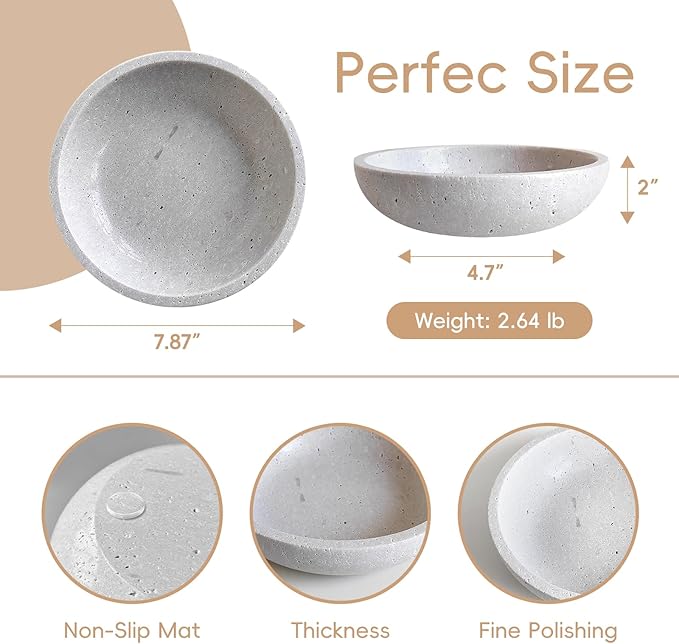 Marble Fruit Bowl for Kitchen Counter - Decorative Serving Bowl with Gray Travertine Design, Modern Home Decor (7.8 Inch)