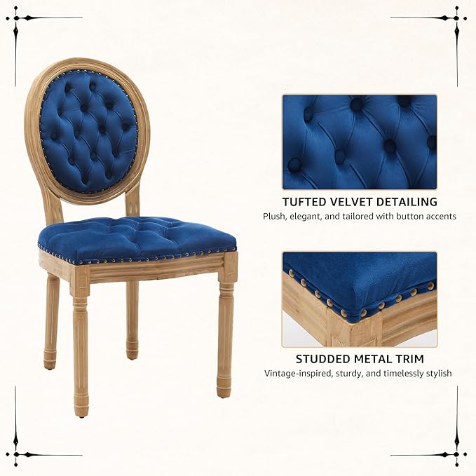Vintage French Dining Chairs Set of 4, Round Back Velvet Upholstered Accent Chairs with Nailhead Trim and Solid Wood Frame, Elegant Sillas de Comedor for Dining Room & Kitchen, Blue