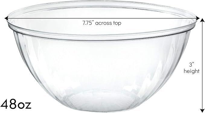 PLASTICPRO Disposable Round Crystal Clear Serving Bowls, Party Snack or Salad Bowl, Plastic Chip Dish, Candy Dish (4, 48 OUNCE)