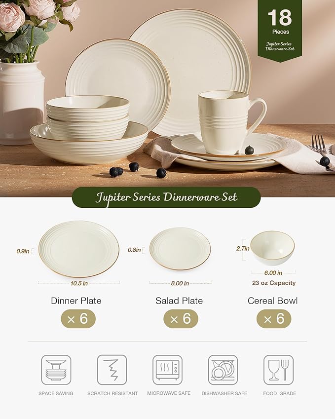 Famiware Jupiter Dinnerware Set, Plates and Bowls Dish Sets for 6 (18 Pieces), Microwave and Dishwasher Safe Stoneware Speckled Tableware, Chip and Scratch Resistant, Vanilla White
