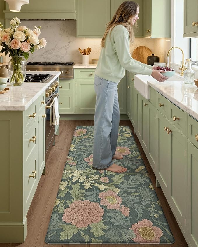 Color&Geometry Floral Kitchen Mat 24"x87", Anti Fatigue Kitchen Mats for Floor, Kitchen Rugs Non Slip, Waterproof & Oil Proof Padded Runner for Standing Desk Office, Sink - Dusty Blue