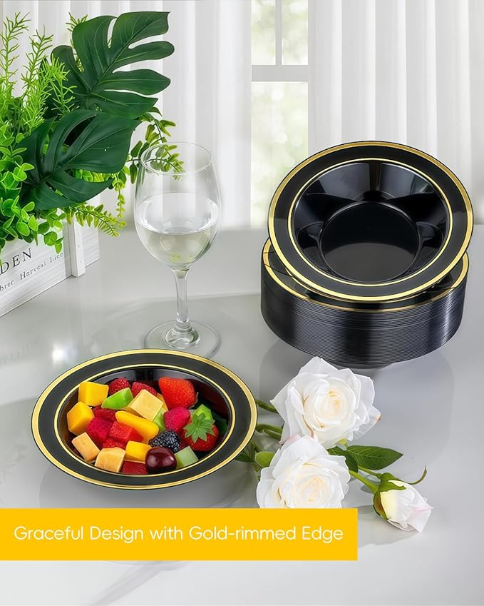 BESTSTAR 200 Pack Black Disposable Bowls with Gold Rim, 12oz Black Plastic Soup Bowls for Party, Wedding, Holiday,And Halloween