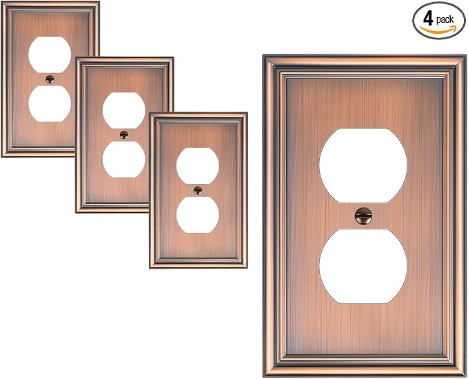 4-Pack Duplex Outlet Cover, Durable Solid Zinc Alloy Decorative Switch Plates and Outlet Covers, Antique Copper Wall Plates for Electrical Outlet, 1 Gang Receptacle Cover, Corrosion Resistant