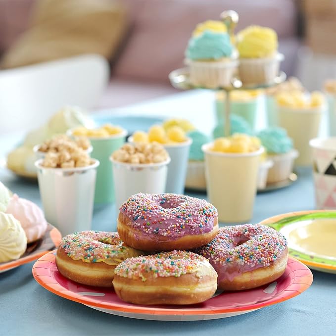 Huwena 100 Pcs Donut Paper Plates 7" Disposable Donut Party Plates Colorful Cute Serving Trays Snack Platter for Theme Birthday Assorted Designs Party Supplies