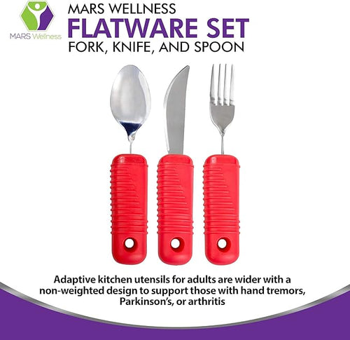 3 Piece Super Easy Grip Red Flatware Set - Bendable Built Up Large Fork, Knife, and Spoon - Red