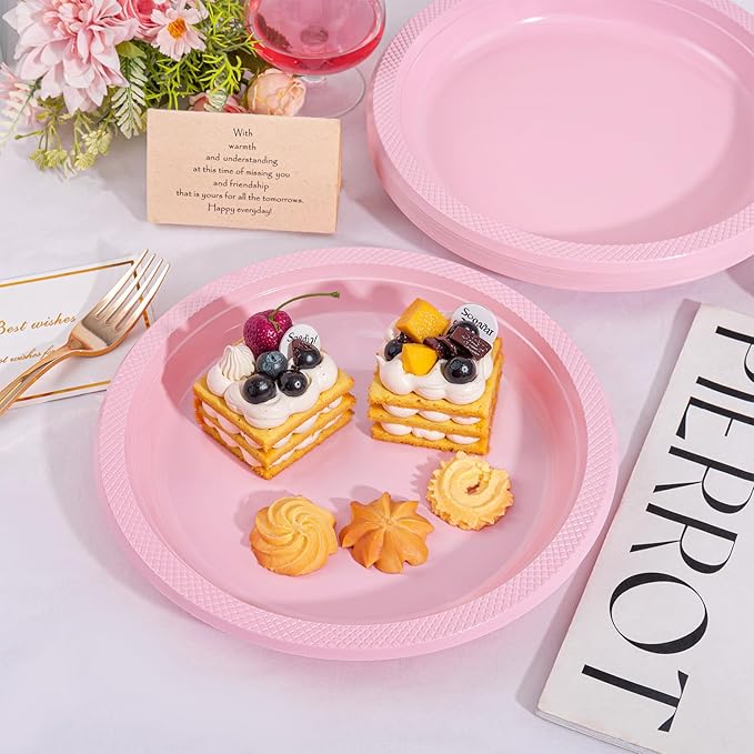 WELLIFE Pink Party Plates 7 Inch -150 Count, Disposable Plastic Light Pink Dessert Plates for Valentine's Day Party Cake Easter Mother's Day Baby Shower Appetizer