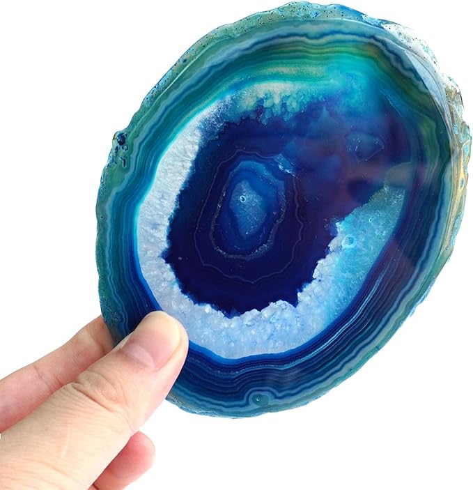 Teal Agate Slices Bulk Geode Coasters Set of 4 with Rubber Bumpers - Unique 4-5 Inch Dyed Stone Drink Crystal Cup Coasters for Home Decor, Coffee Table, Bar Accessories