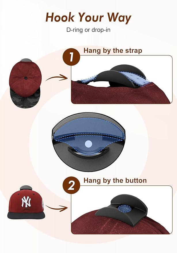 HOUSE DAY Adhesive Hat Hooks for Wall 8 Pack, Strong Hat Rack for Baseball Cap Display Organizer, Hats Holder for Wall, Door, Closet, No Drilling, Black