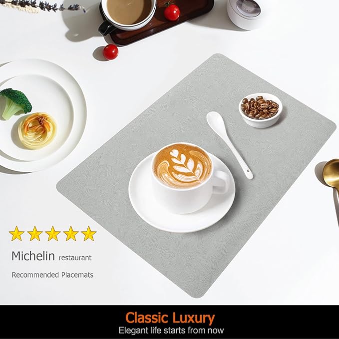 Vinyl Placemats Set of 4 Faux Leather 100% Waterproof Wipeable Washable Place Mats Heat Resistant Easy Clean Non-Slip Table Mats for Indoor Outdoor. (4, Light Gray)
