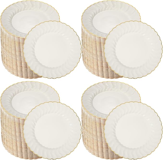 Mifoci 100 Pcs 7.5 Inch Ivory with Gold Rim Plastic Disposable Plates Bulk Salad Dessert Appetizer Cake Plates Elegant Fancy Plastic Tableware for Party Holiday, Wedding, Catering Table Decoration