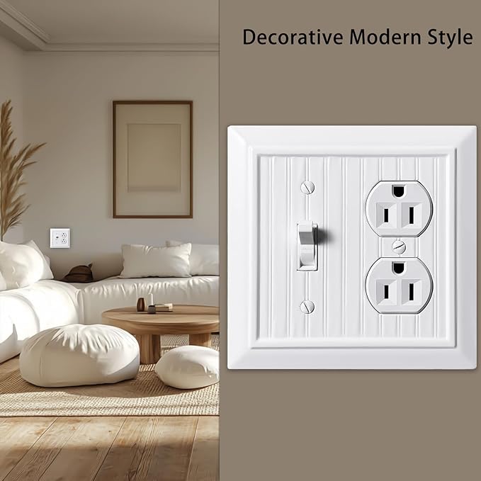 Beadboard Outlet Covers Wall Plates, Bamboo Fiber Light Switch Covers, Natural Material Electric Receptacle Decorative Switch Plate Outlet Cover (Pure White, 2 Gang Toggle/Duplex 2 Pack)