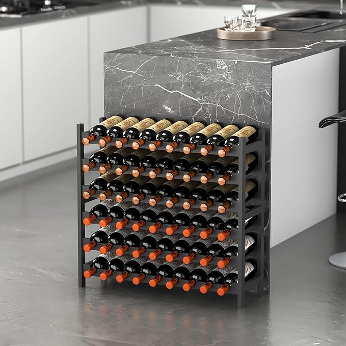 Wine Rack Freestanding Floor, Bamboo 6-Tier 51 Wine Bottle Holder Racks Countertop Cabinet Display, Wooden Stackable Modular Wine Storage Organizer Shelves for Kitchen Bar Cellar Dining Room Black