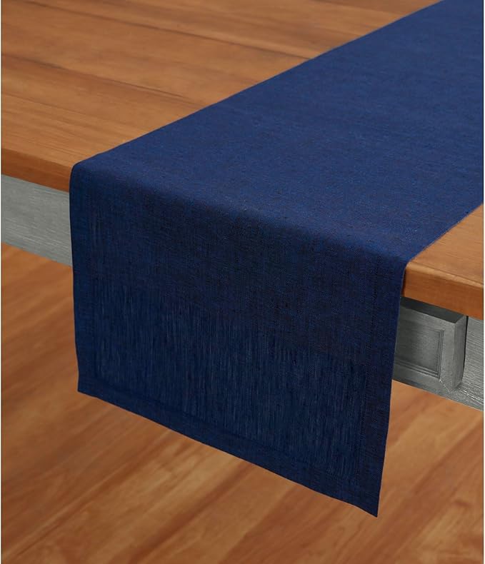 Solino Home Linen Table Runner 90 Inches Long - Athena, 100% Pure Linen Royal Blue 14 x 90 Inch Table Runner for Dining, Winter
